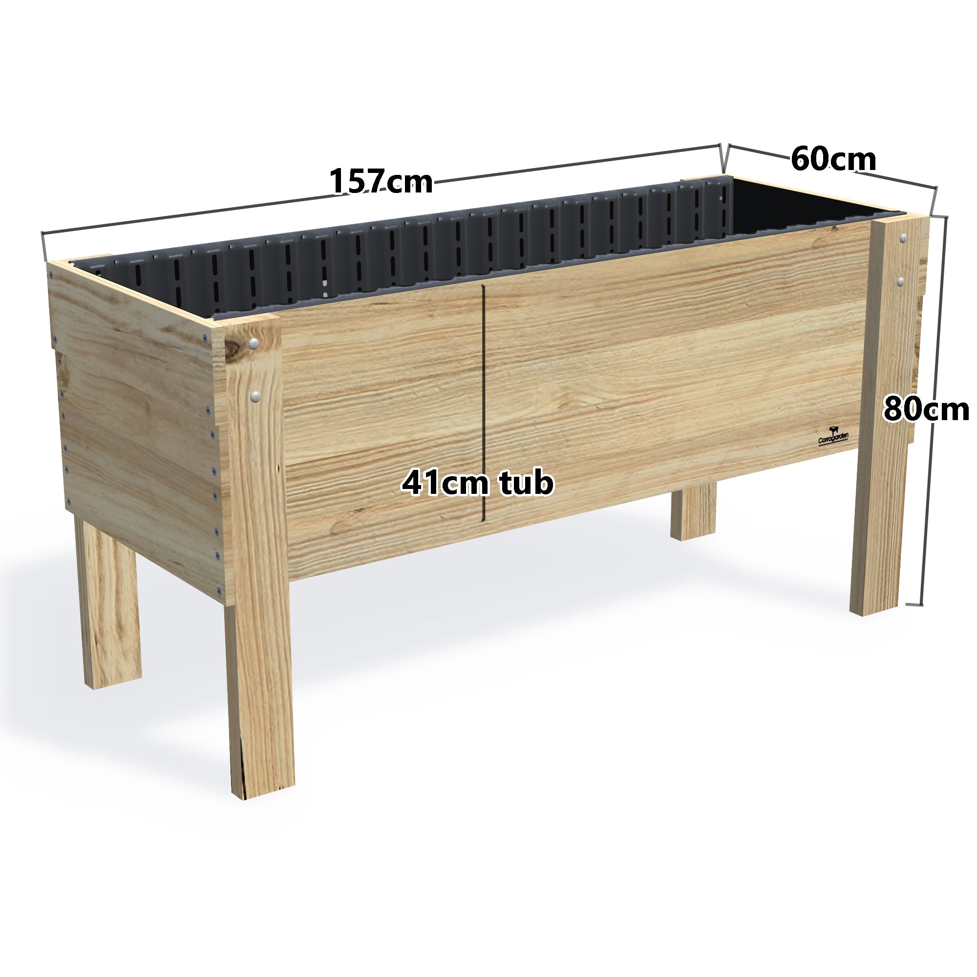 Large Raised Garden Bed Kit - 157x60x80cm(h), 41cm — timber garden bed, dimensions labelled