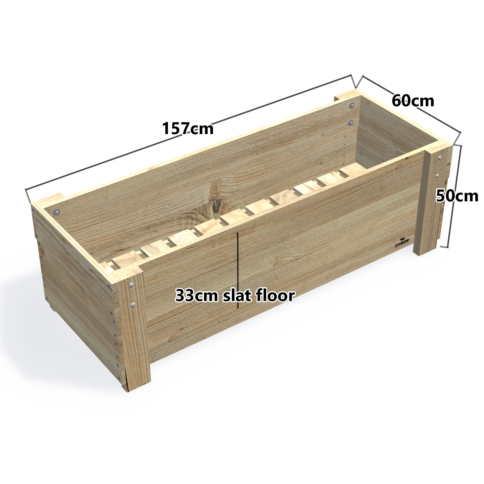 LARGE Planter Box, 33cm (Slatted Base) — timber garden bed, dimensions labelled