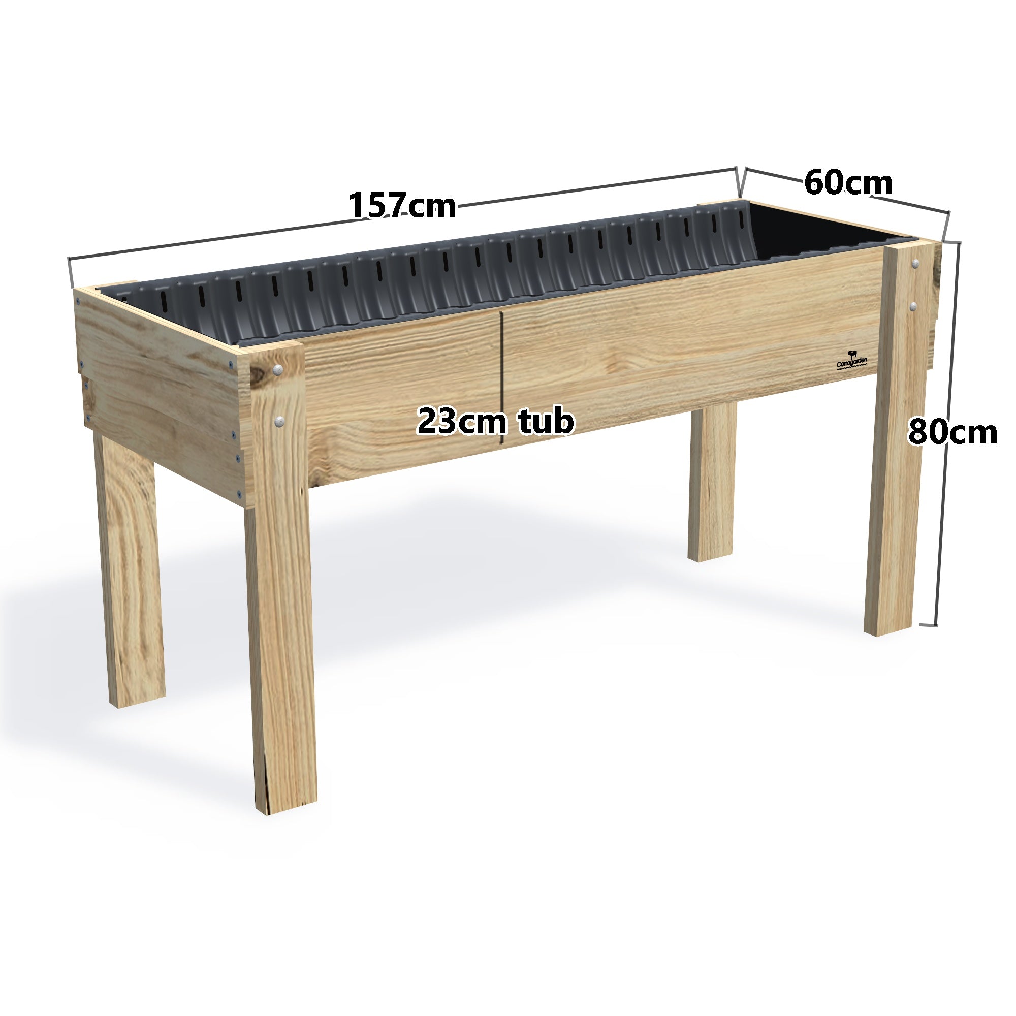 LARGE Raised Garden Bed on Legs, 23cm — timber garden bed, dimensions labelled