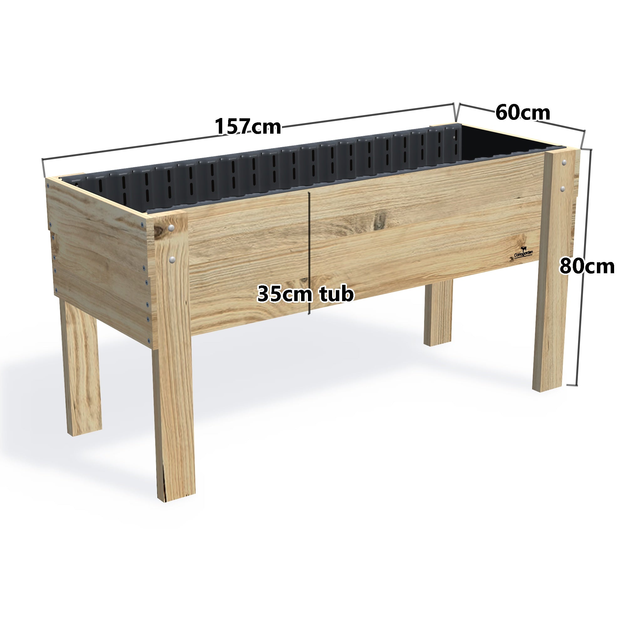 LARGE Raised Garden Bed on Legs, 35cm — timber garden bed, dimensions labelled