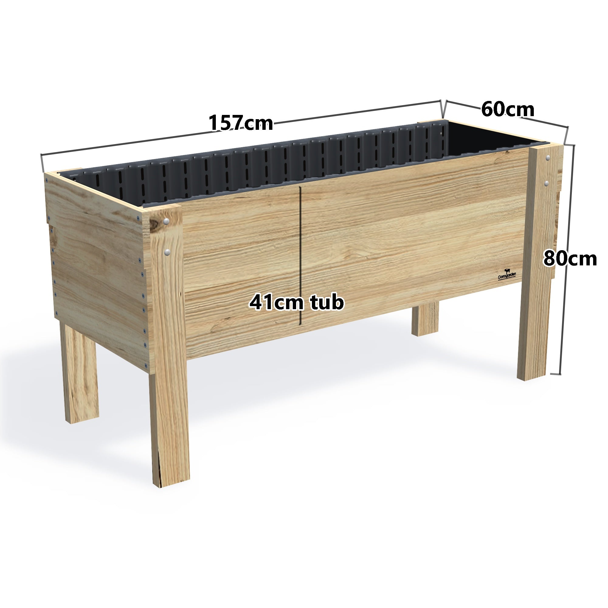 LARGE Raised Garden Bed on Legs, 41cm — timber garden bed, dimensions labelled