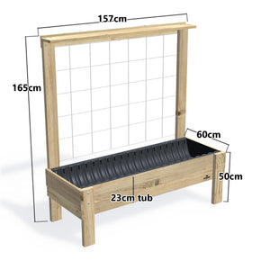 LARGE Planter Box with Trellis & Pot Shelf, 23cm — timber garden bed, dimensions labelled