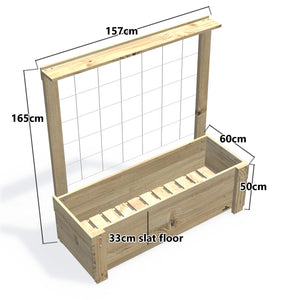 LARGE Planter Box with Trellis & Pot Shelf, 33cm (Slatted Base) — timber garden bed, dimensions labelled