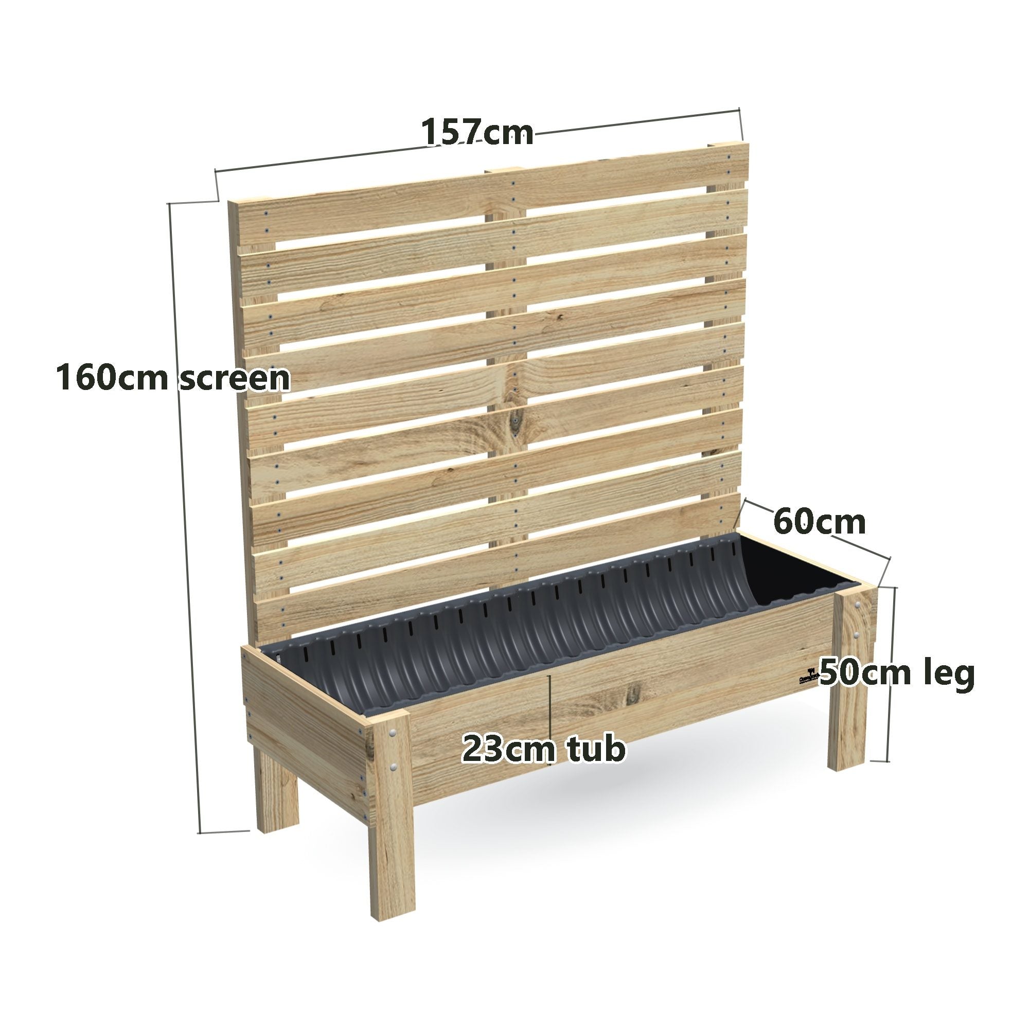 LARGE Planter Box with Trellis & Pot Shelf, Privacy Screen 1.6m / 23cm — timber garden bed, dimensions labelled