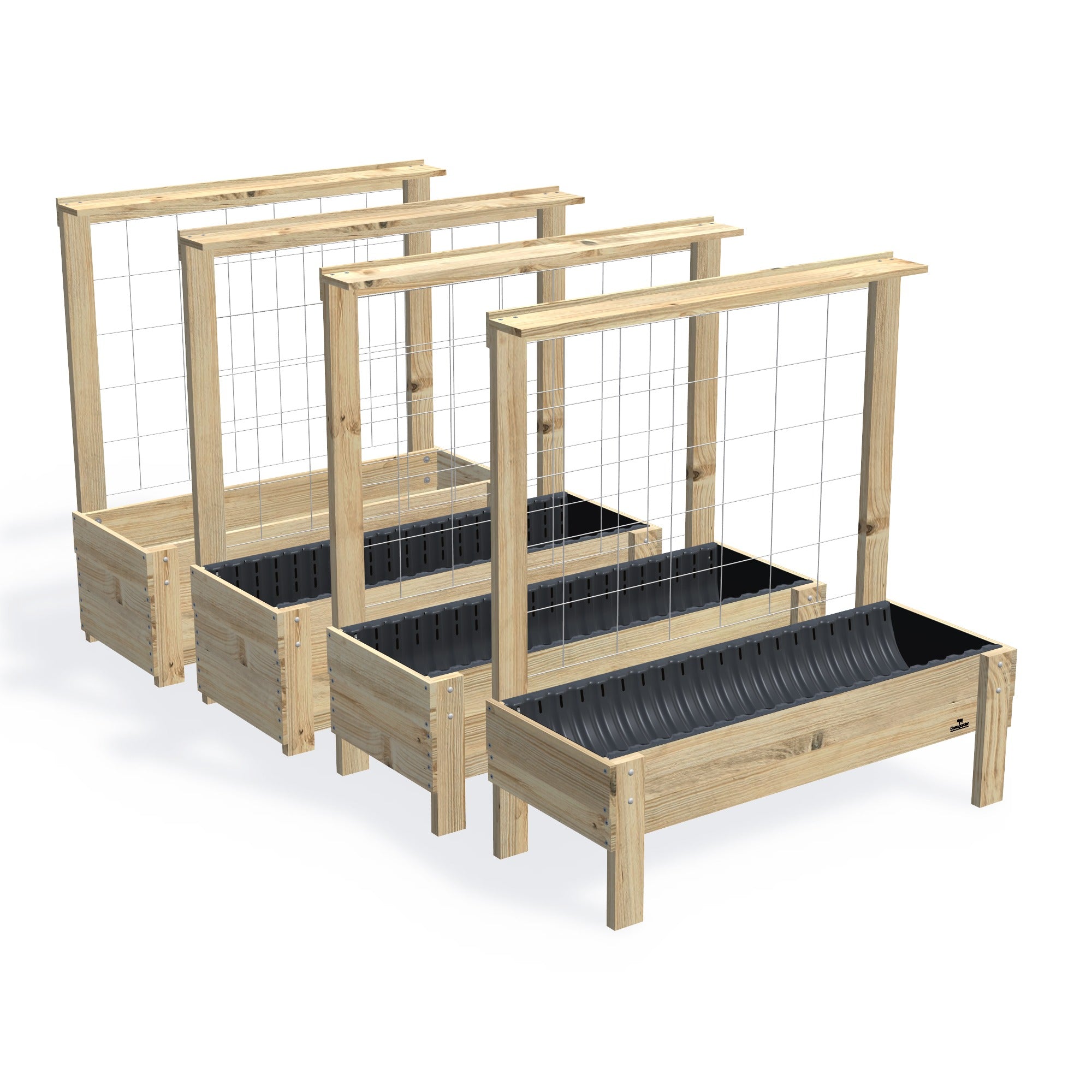LARGE Planter Box with Trellis & Pot Shelf — the full range of timber garden beds, shown together