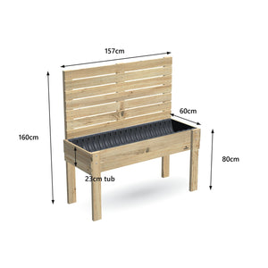Large timber raised garden bed with 1.6m timber privacy screen, 157 x 60 x 80 cm, 23cm deep tub, dimensions labelled