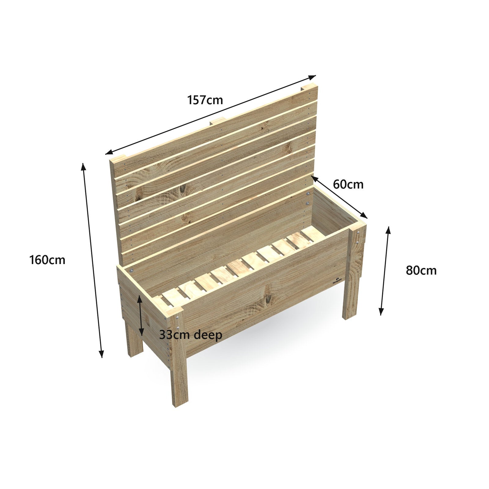 Large timber raised garden bed with 1.6m timber privacy screen, 157 x 60 x 80 cm, 33cm slatted base pot display, dimensions labelled