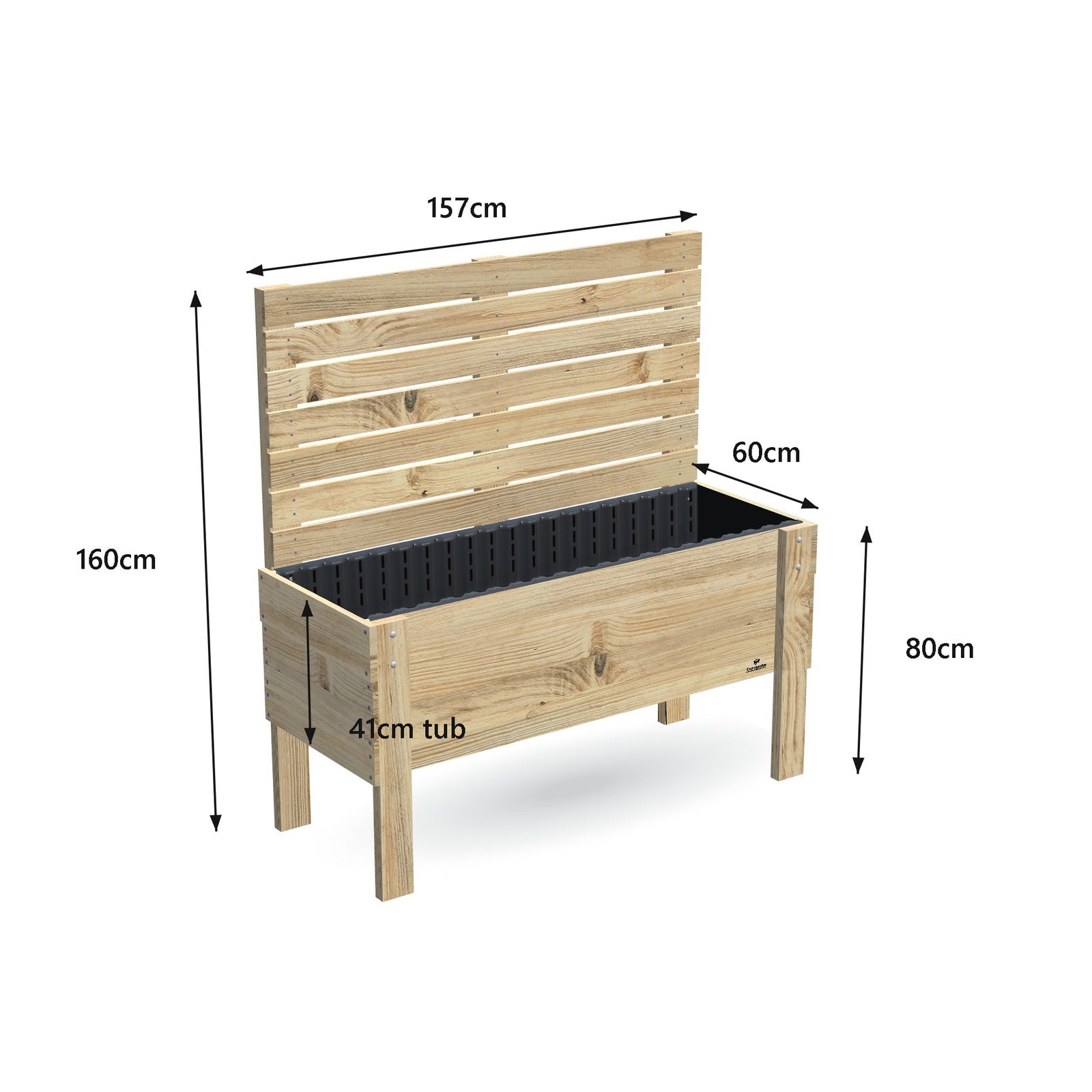 Large timber raised garden bed with 1.6m timber privacy screen, 157 x 60 x 80 cm, 41cm deep tub, dimensions labelled