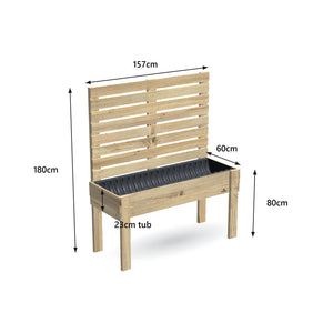 Large timber raised garden bed with 1.8m timber privacy screen, 157 x 60 x 80 cm, 23cm deep tub, dimensions labelled