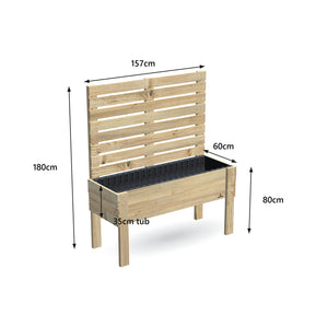 Large timber raised garden bed with 1.8m timber privacy screen, 157 x 60 x 80 cm, 35cm deep tub, dimensions labelled