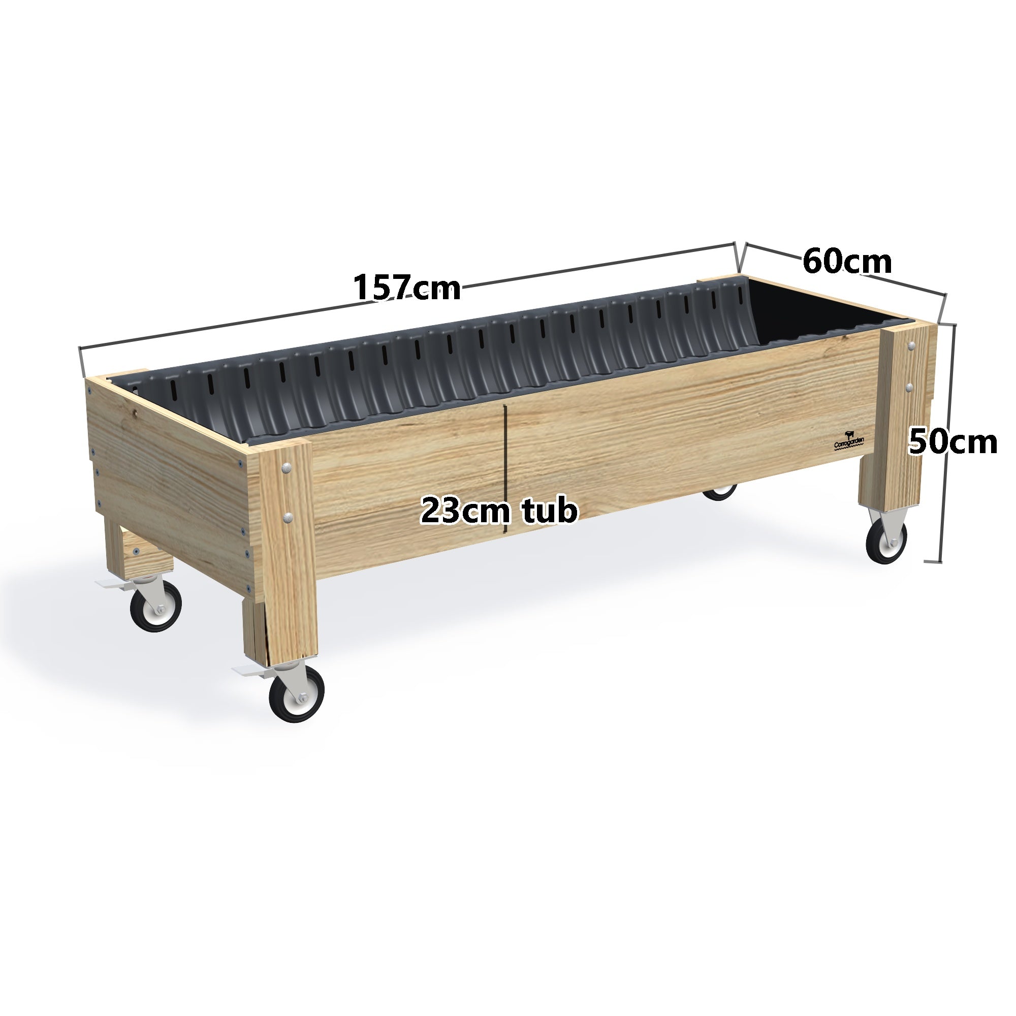 LARGE Planter Box on Wheels, 23cm — timber garden bed, dimensions labelled