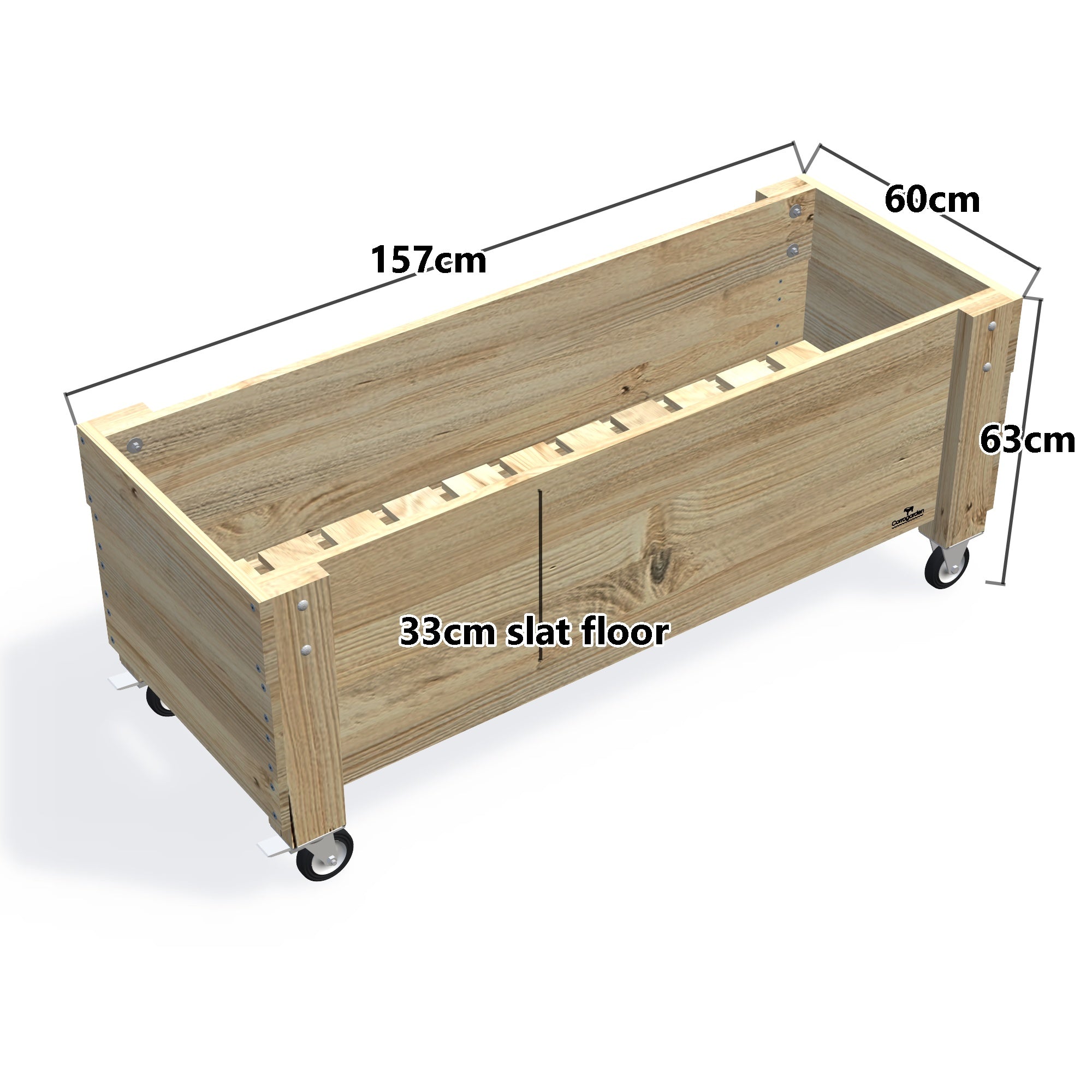 LARGE Planter Box on Wheels, 33cm (Slatted Base) — timber garden bed, dimensions labelled