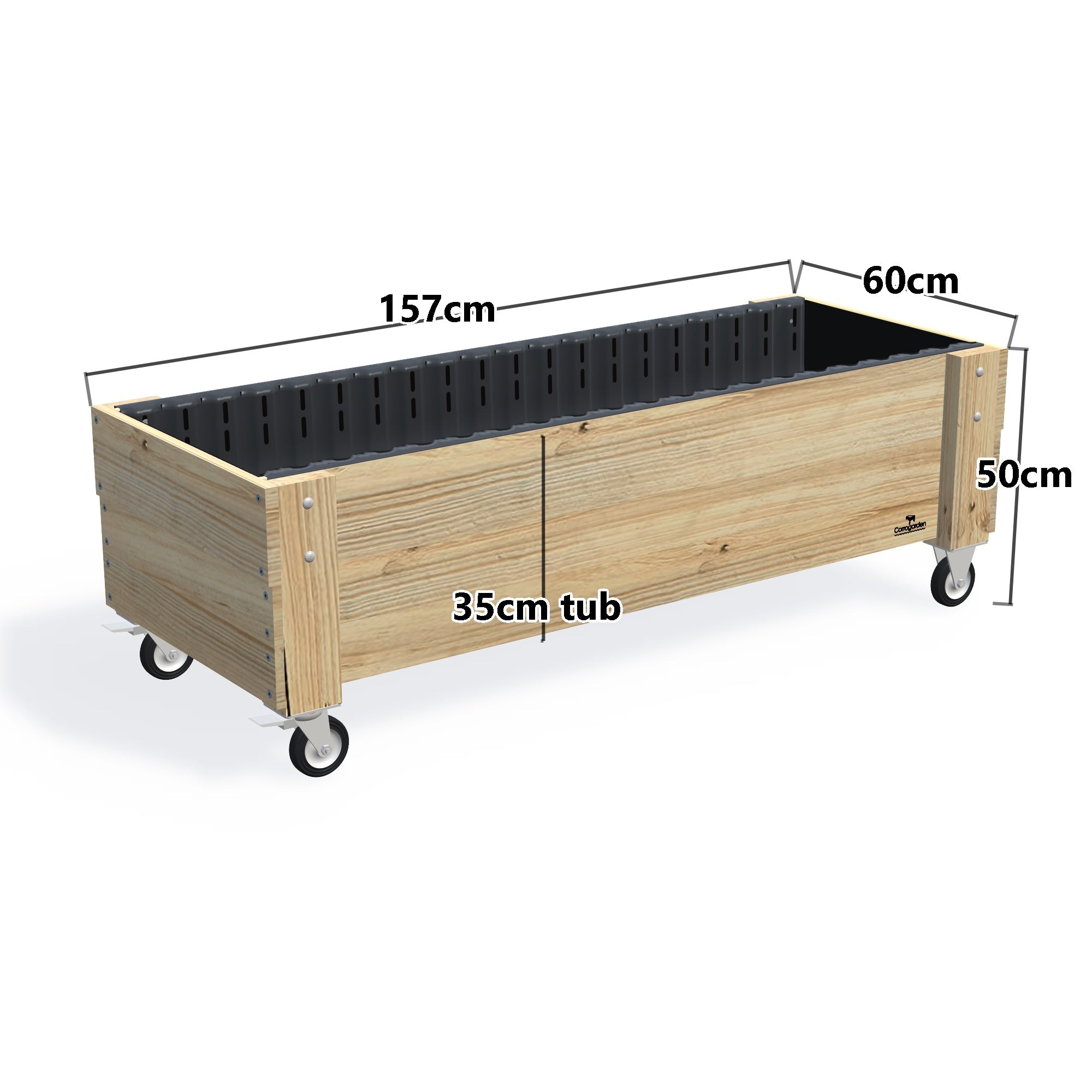 LARGE Planter Box on Wheels, 35cm — timber garden bed, dimensions labelled
