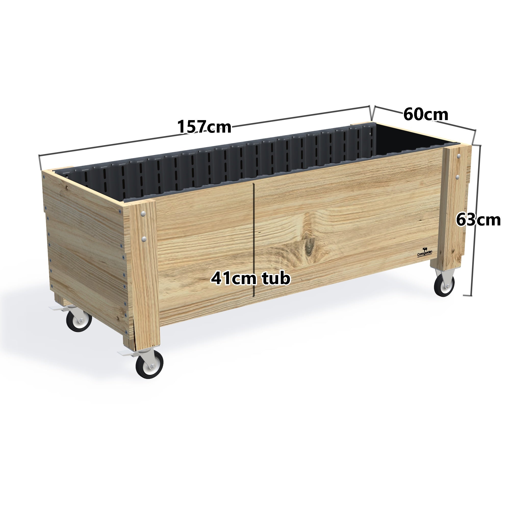 LARGE Planter Box on Wheels, 41cm — timber garden bed, dimensions labelled