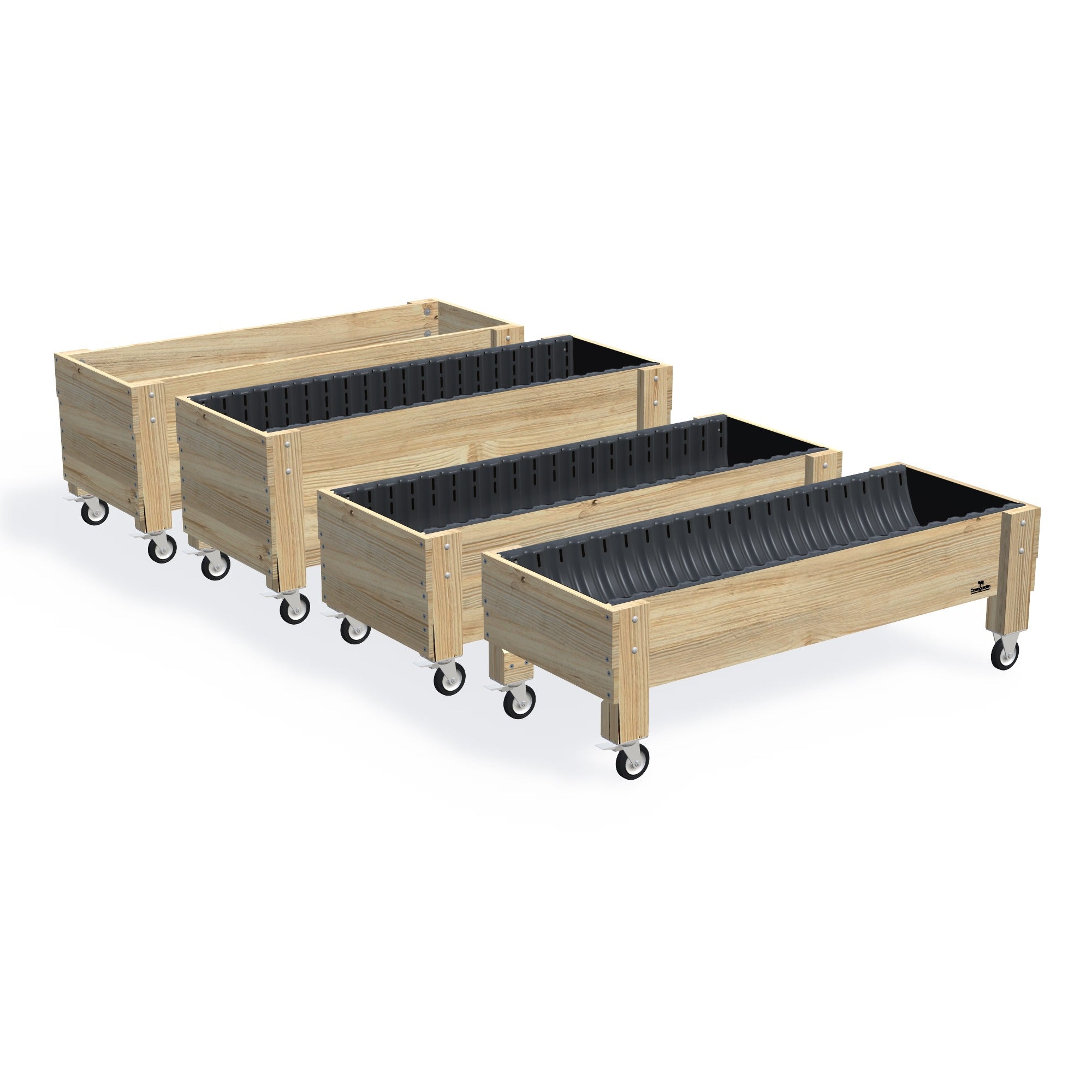 LARGE Planter Box on Wheels — the full range of timber garden beds, shown together