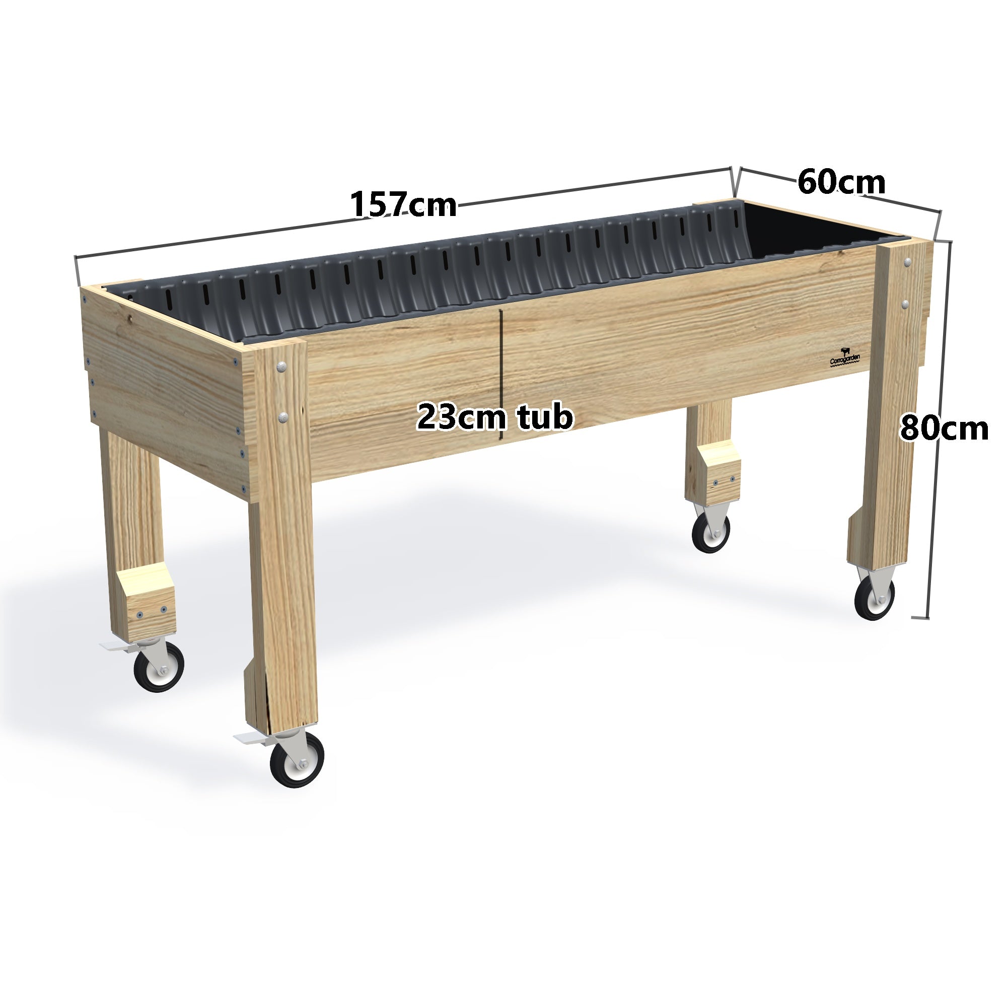 LARGE Raised Garden Bed on Wheels, 23cm — timber garden bed, dimensions labelled