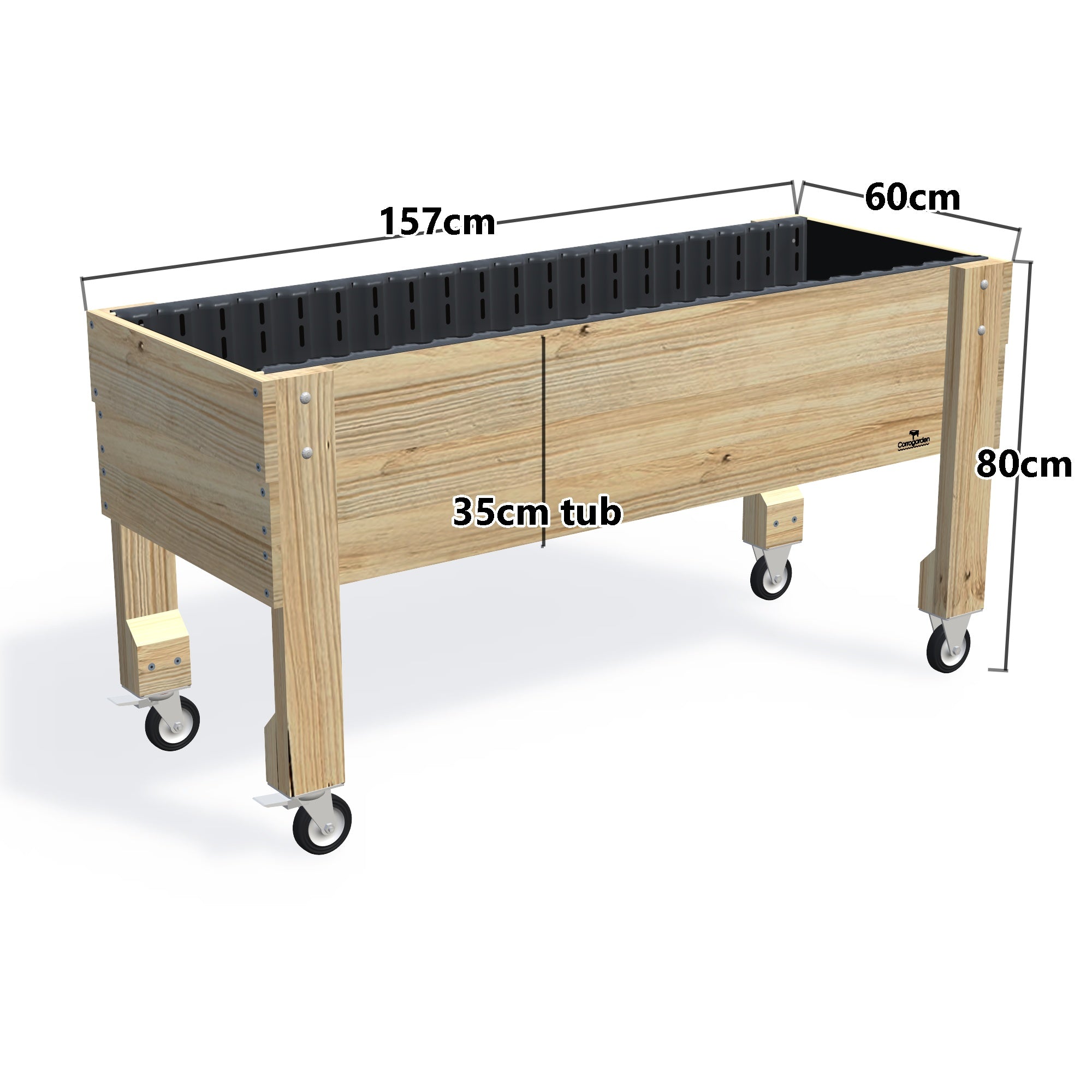 LARGE Raised Garden Bed on Wheels, 35cm — timber garden bed, dimensions labelled