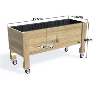 LARGE Raised Garden Bed on Wheels, 41cm — timber garden bed, dimensions labelled
