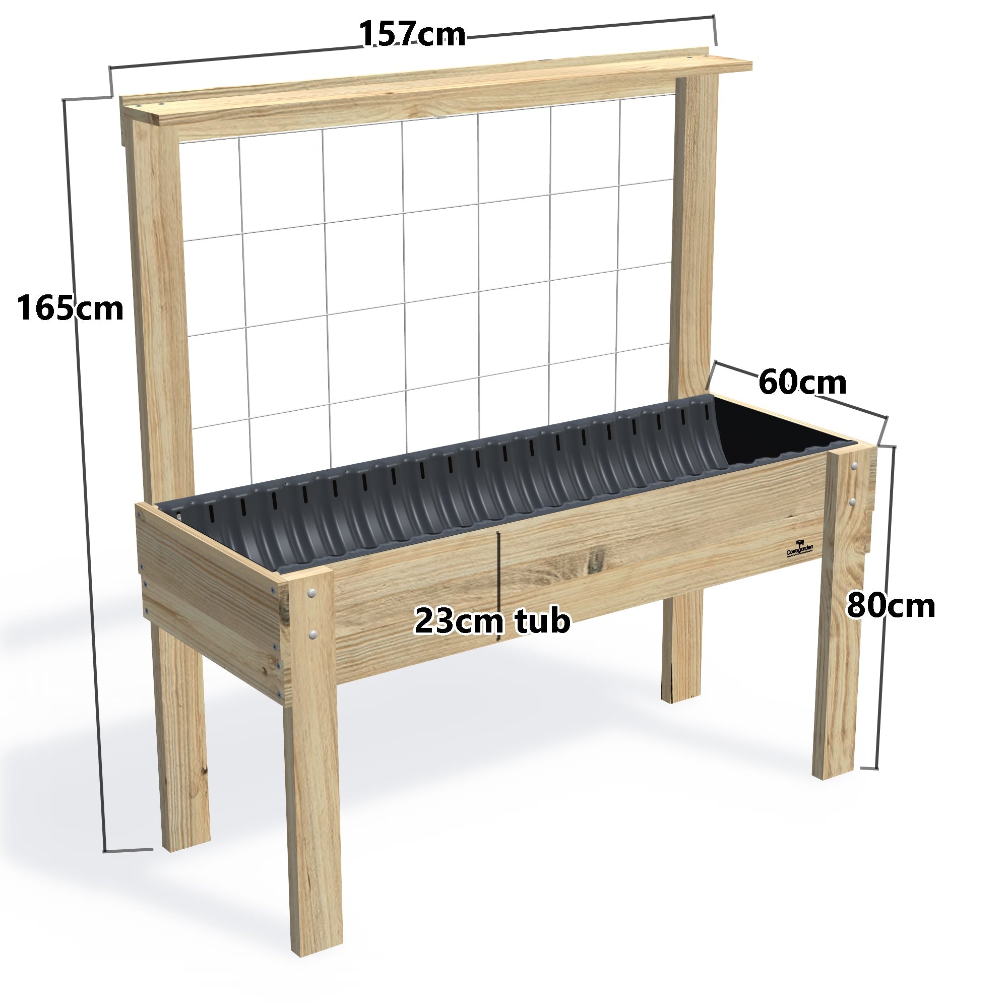 LARGE Raised Garden Bed with Trellis & Pot Shelf, Growing Mesh Trellis with Pot Shelf / 23cm — timber garden bed, dimensions labelled