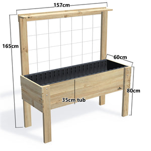 LARGE Raised Garden Bed with Trellis & Pot Shelf, Growing Mesh Trellis with Pot Shelf / 35cm — timber garden bed, dimensions labelled