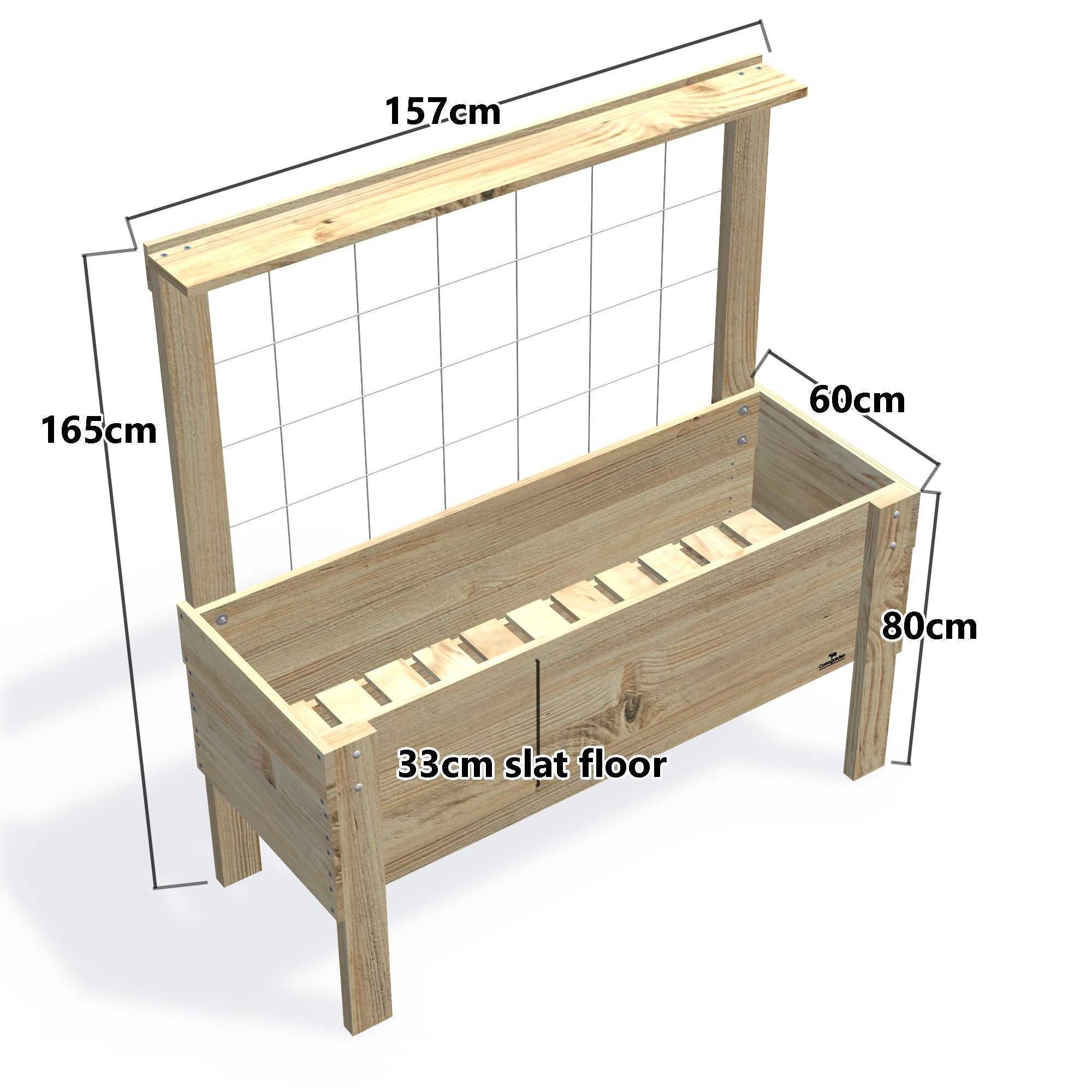 LARGE Raised Garden Bed with Trellis & Pot Shelf, Growing Mesh Trellis with Pot Shelf / 33cm (Slatted Base) — timber garden bed, dimensions labelled