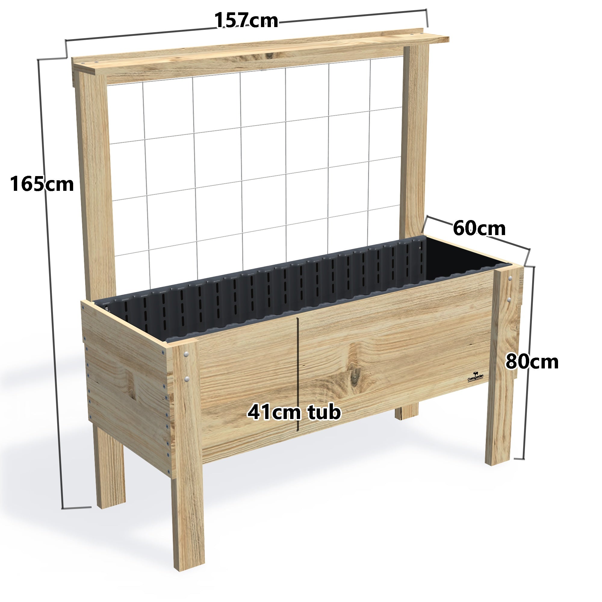 LARGE Raised Garden Bed with Trellis & Pot Shelf, Growing Mesh Trellis with Pot Shelf / 41cm — timber garden bed, dimensions labelled