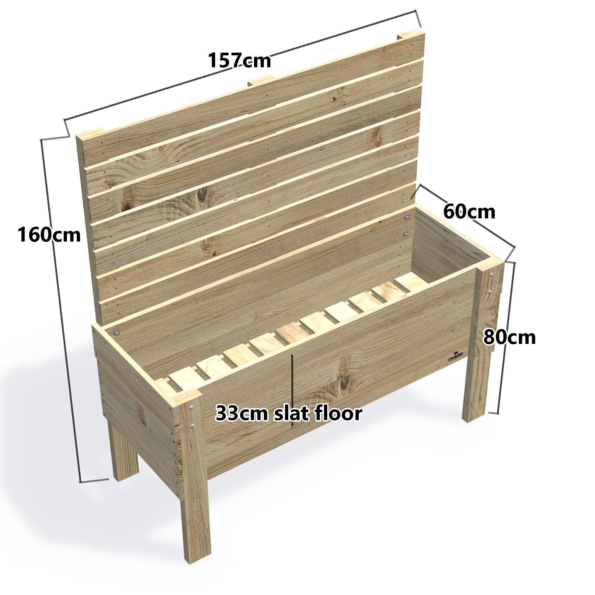 LARGE Raised Garden Bed with Trellis & Pot Shelf, Privacy Screen 1.6m / 33cm (Slatted Base) — timber garden bed, dimensions labelled