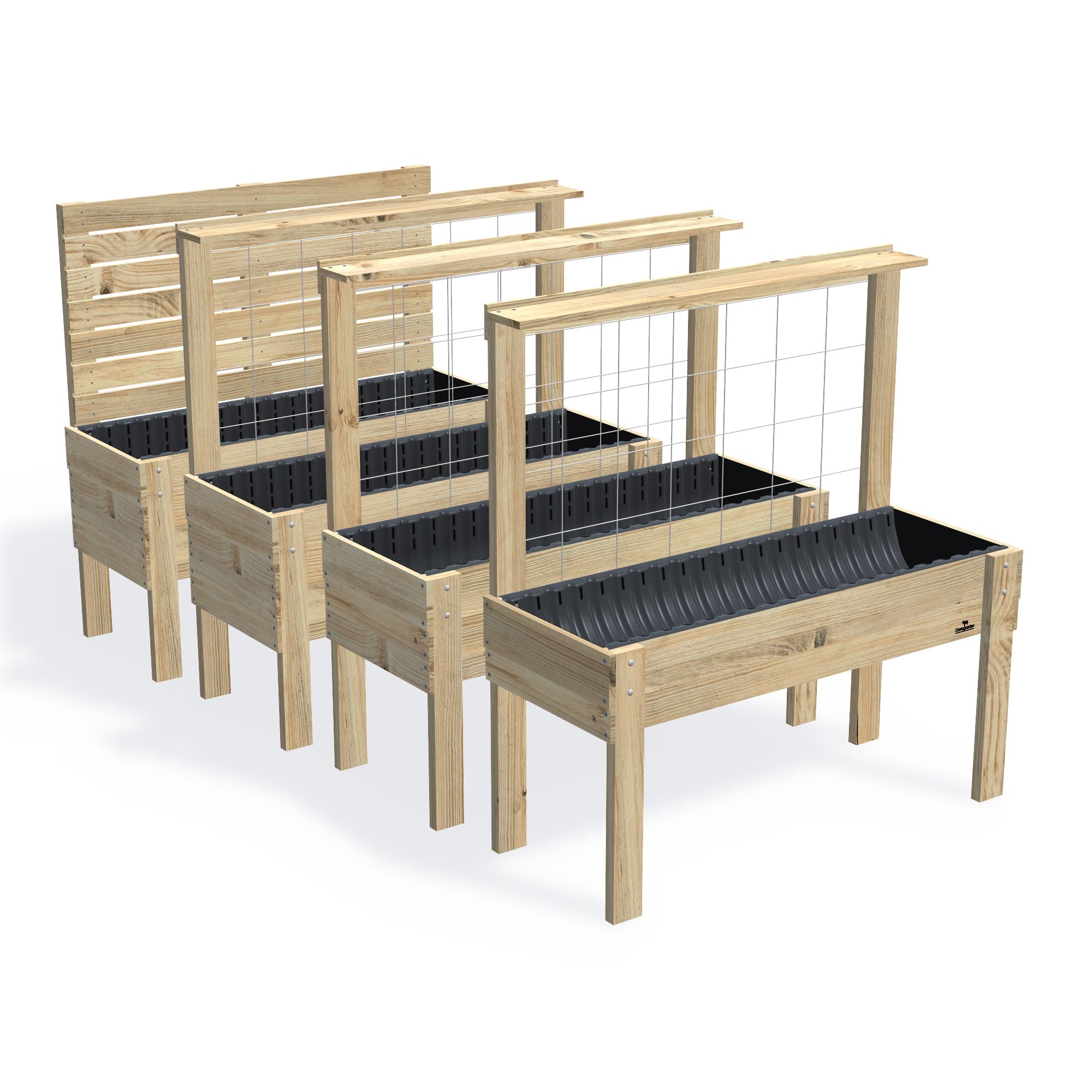LARGE Raised Garden Bed with Trellis & Pot Shelf — the full range of timber garden beds, shown together
