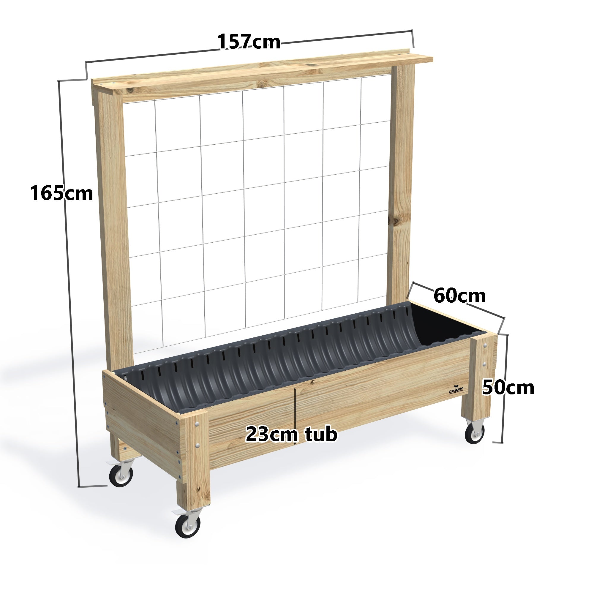 LARGE Planter Box with Trellis, Pot Shelf & Wheels, 23cm — timber garden bed, dimensions labelled