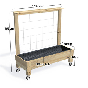 LARGE Planter Box with Trellis, Pot Shelf & Wheels, 23cm — timber garden bed, dimensions labelled