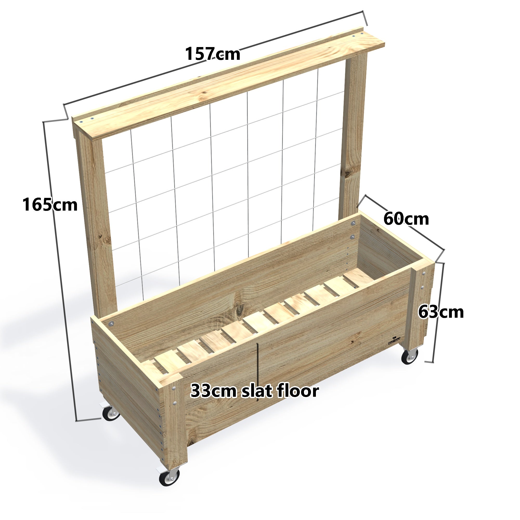LARGE Planter Box with Trellis, Pot Shelf & Wheels, 33cm (Slatted Base) — timber garden bed, dimensions labelled