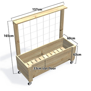 LARGE Planter Box with Trellis, Pot Shelf & Wheels, 33cm (Slatted Base) — timber garden bed, dimensions labelled