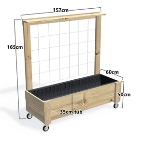 LARGE Planter Box with Trellis, Pot Shelf & Wheels, 35cm — timber garden bed, dimensions labelled