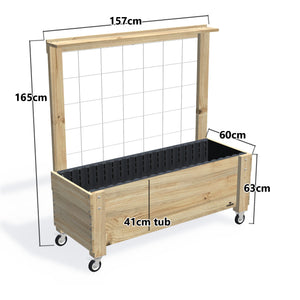 LARGE Planter Box with Trellis, Pot Shelf & Wheels, 41cm — timber garden bed, dimensions labelled