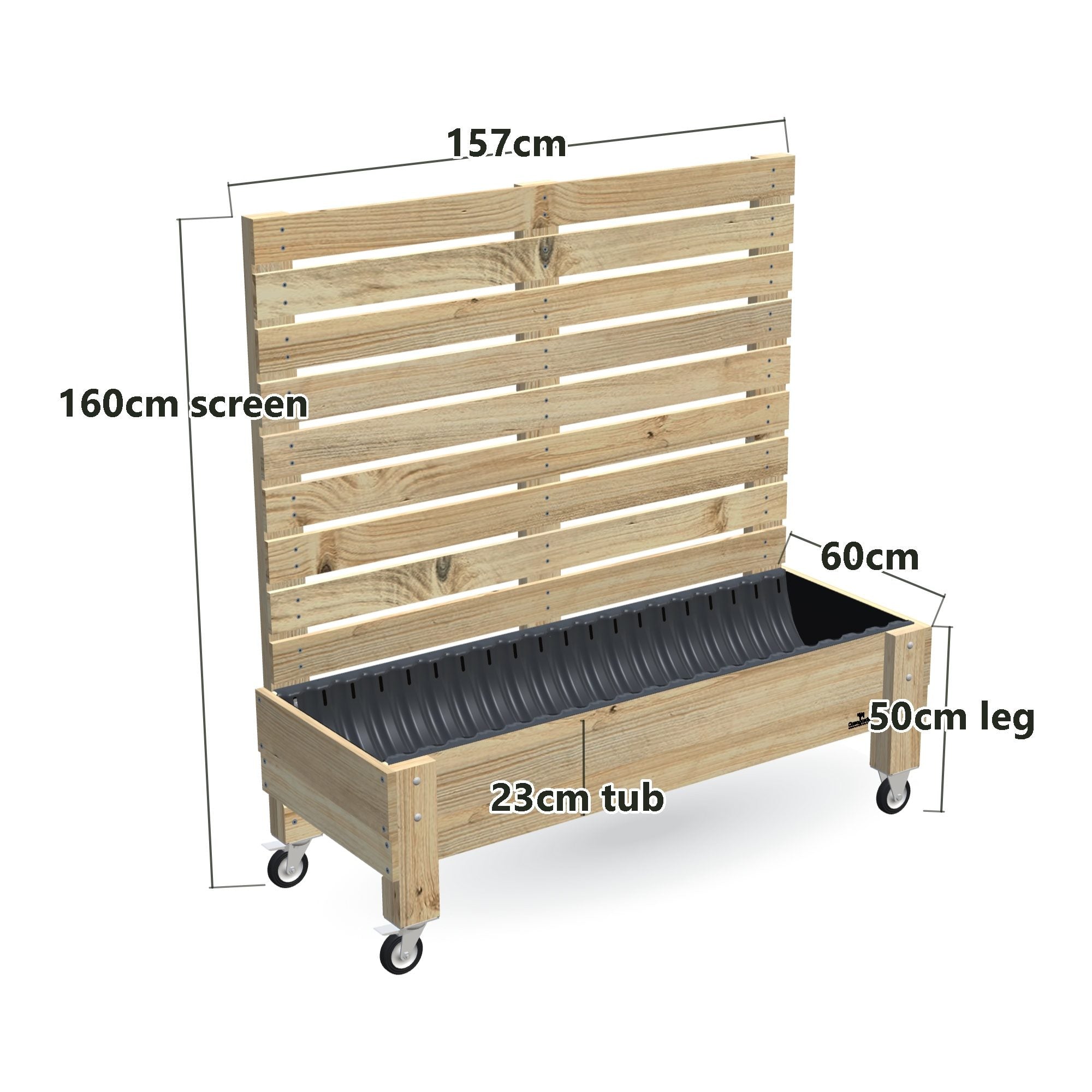 LARGE Planter Box with Trellis, Pot Shelf & Wheels, Privacy Screen 1.6m / 23cm — timber garden bed, dimensions labelled