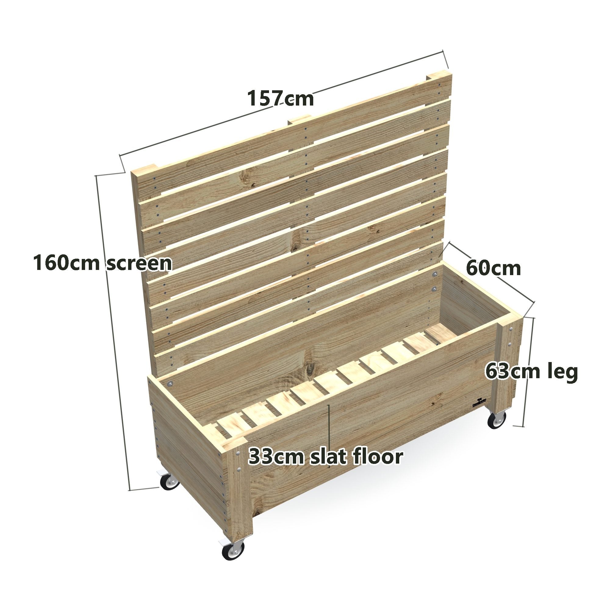 LARGE Planter Box with Trellis, Pot Shelf & Wheels, Privacy Screen 1.6m / 33cm (Slatted Base) — timber garden bed, dimensions labelled