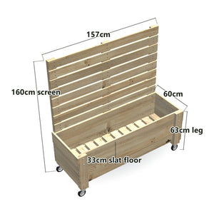 LARGE Planter Box with Trellis, Pot Shelf & Wheels, Privacy Screen 1.6m / 33cm (Slatted Base) — timber garden bed, dimensions labelled