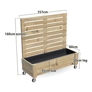 LARGE Planter Box with Trellis, Pot Shelf & Wheels, Privacy Screen 1.6m / 35cm — timber garden bed, dimensions labelled