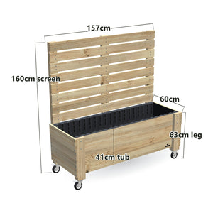 LARGE Planter Box with Trellis, Pot Shelf & Wheels, Privacy Screen 1.6m / 41cm — timber garden bed, dimensions labelled