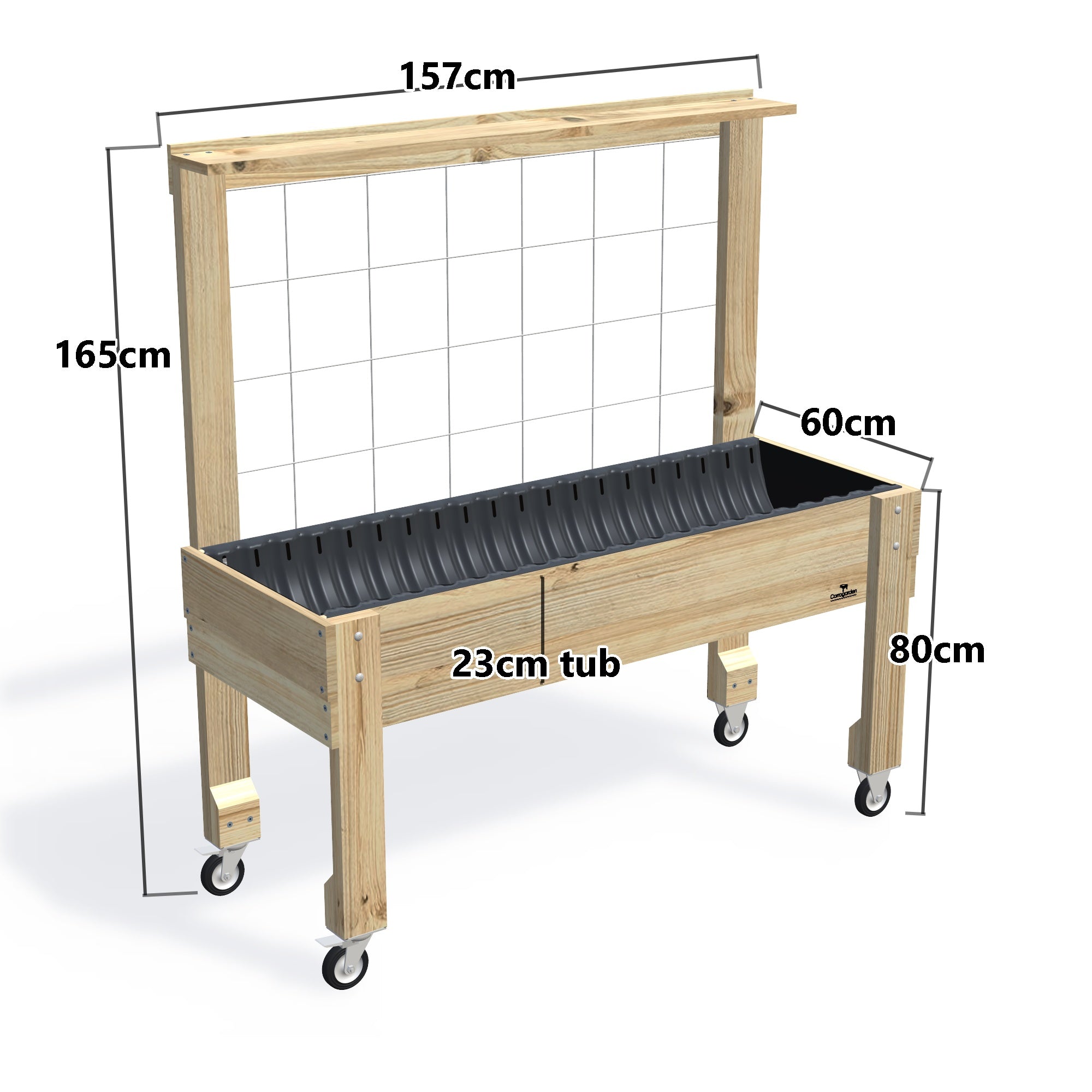 LARGE Raised Garden Bed with Trellis, Pot Shelf & Wheels, 23cm — timber garden bed, dimensions labelled