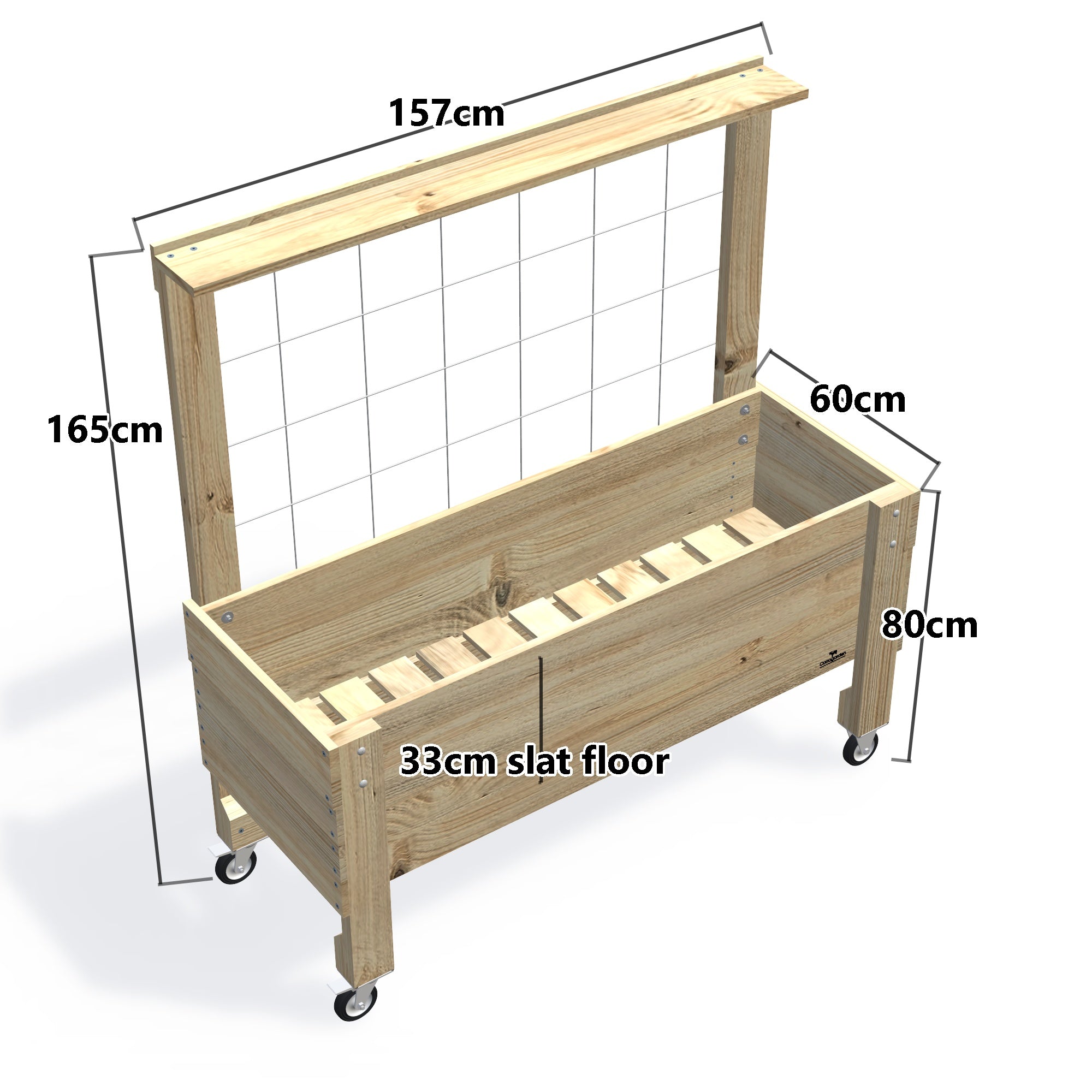 LARGE Raised Garden Bed with Trellis, Pot Shelf & Wheels, 33cm (Slatted Base) — timber garden bed, dimensions labelled