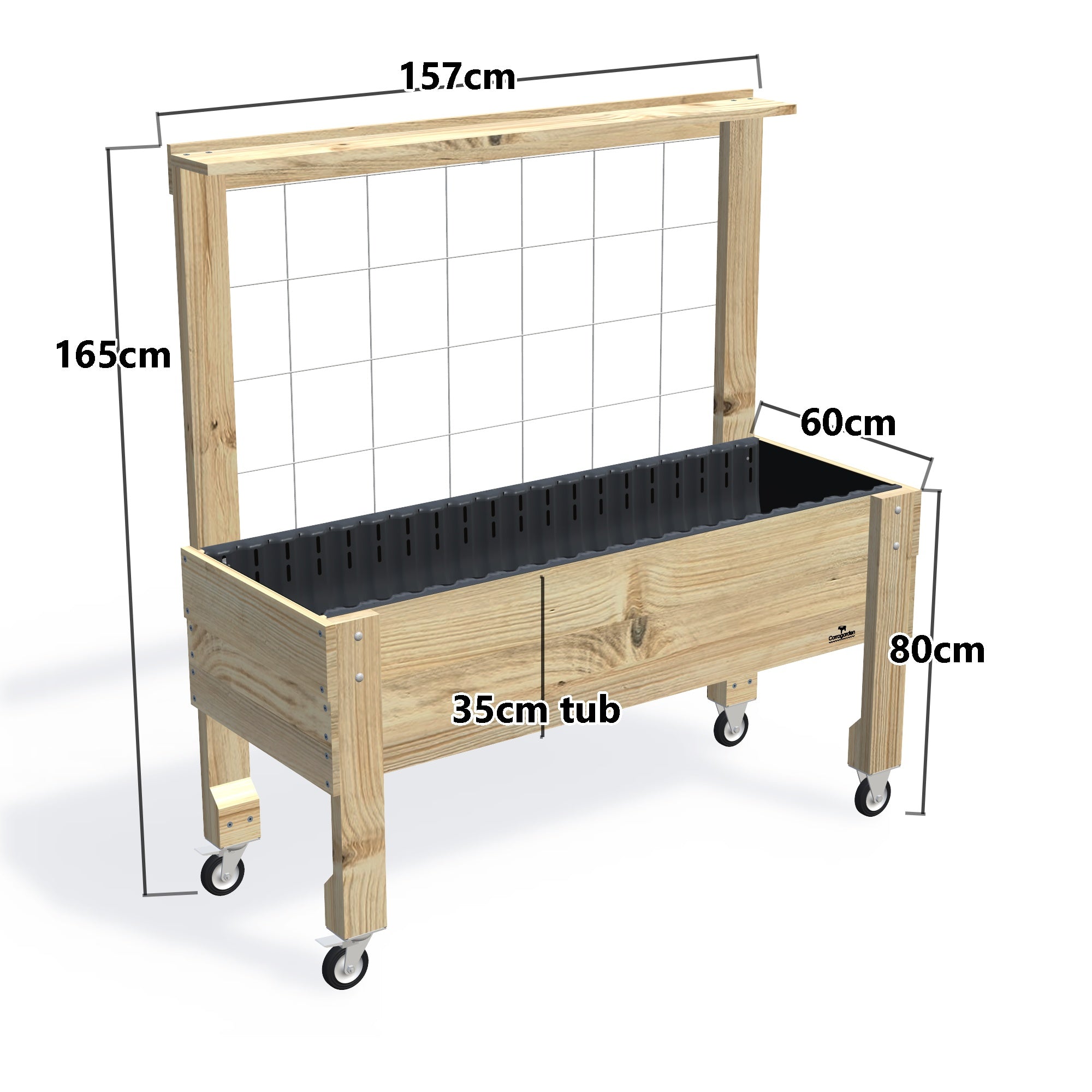 LARGE Raised Garden Bed with Trellis, Pot Shelf & Wheels, 35cm — timber garden bed, dimensions labelled