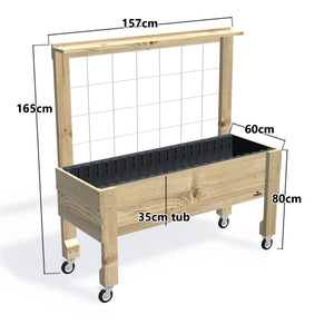 LARGE Raised Garden Bed with Trellis, Pot Shelf & Wheels, 35cm — timber garden bed, dimensions labelled