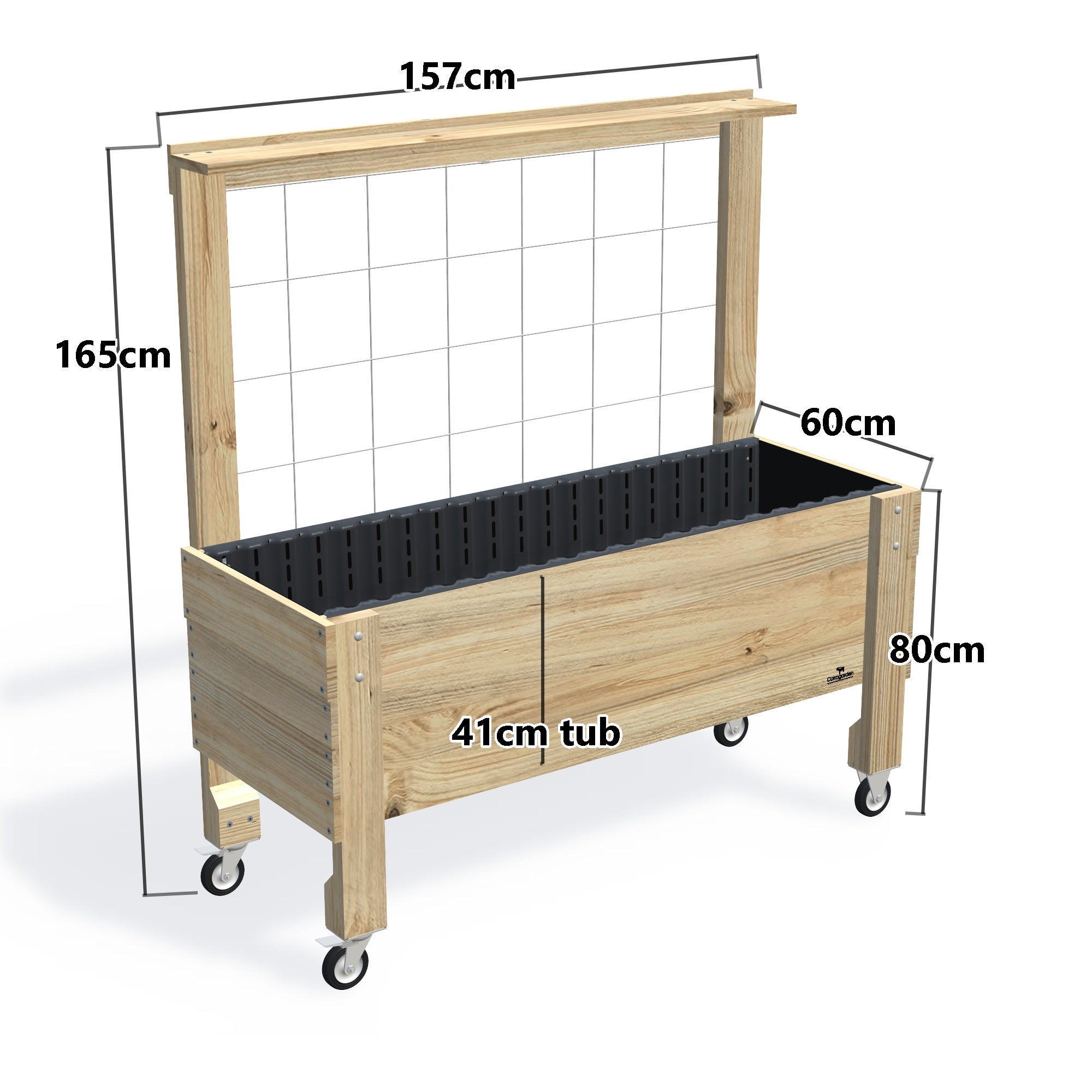LARGE Raised Garden Bed with Trellis, Pot Shelf & Wheels, 41cm — timber garden bed, dimensions labelled