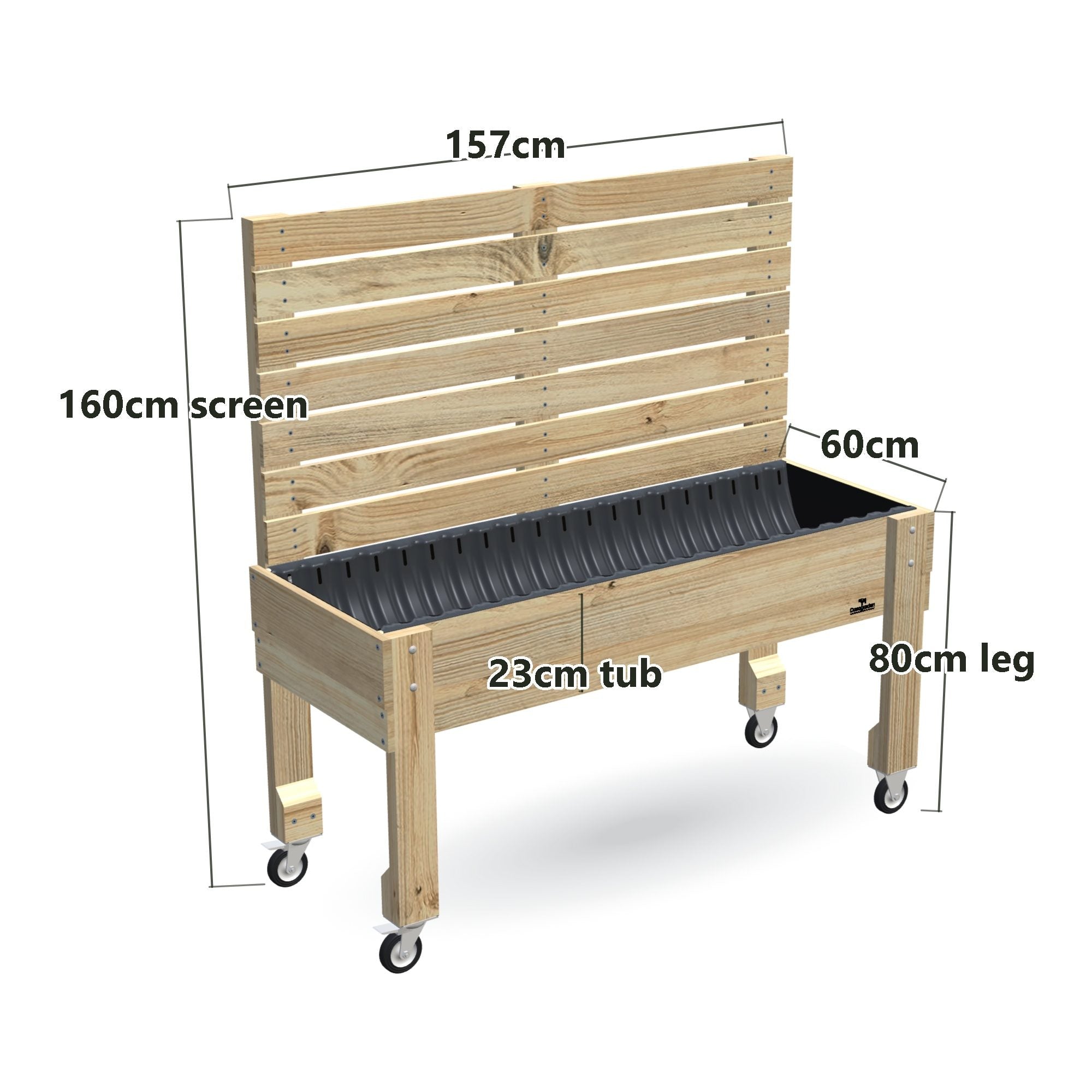 LARGE Raised Garden Bed with Trellis, Pot Shelf & Wheels, Privacy Screen 1.6m / 23cm — timber garden bed, dimensions labelled