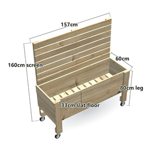 LARGE Raised Garden Bed with Trellis, Pot Shelf & Wheels, Privacy Screen 1.6m / 33cm (Slatted Base) — timber garden bed, dimensions labelled