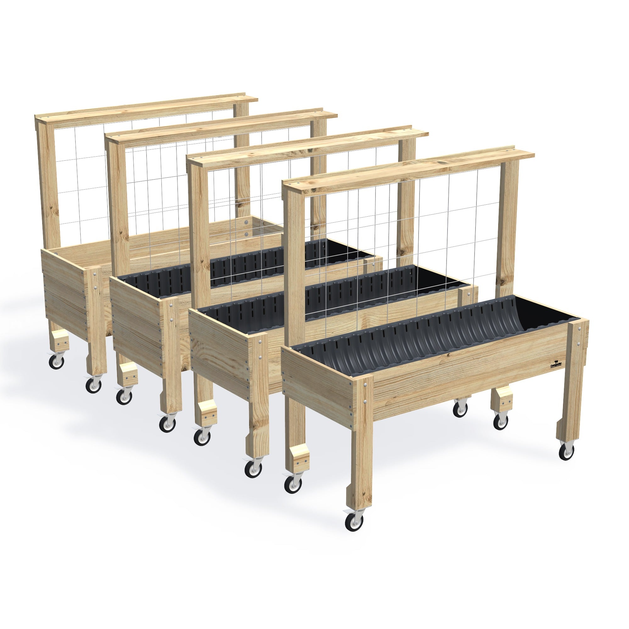 LARGE Raised Garden Bed with Trellis, Pot Shelf & Wheels — the full range of timber garden beds, shown together