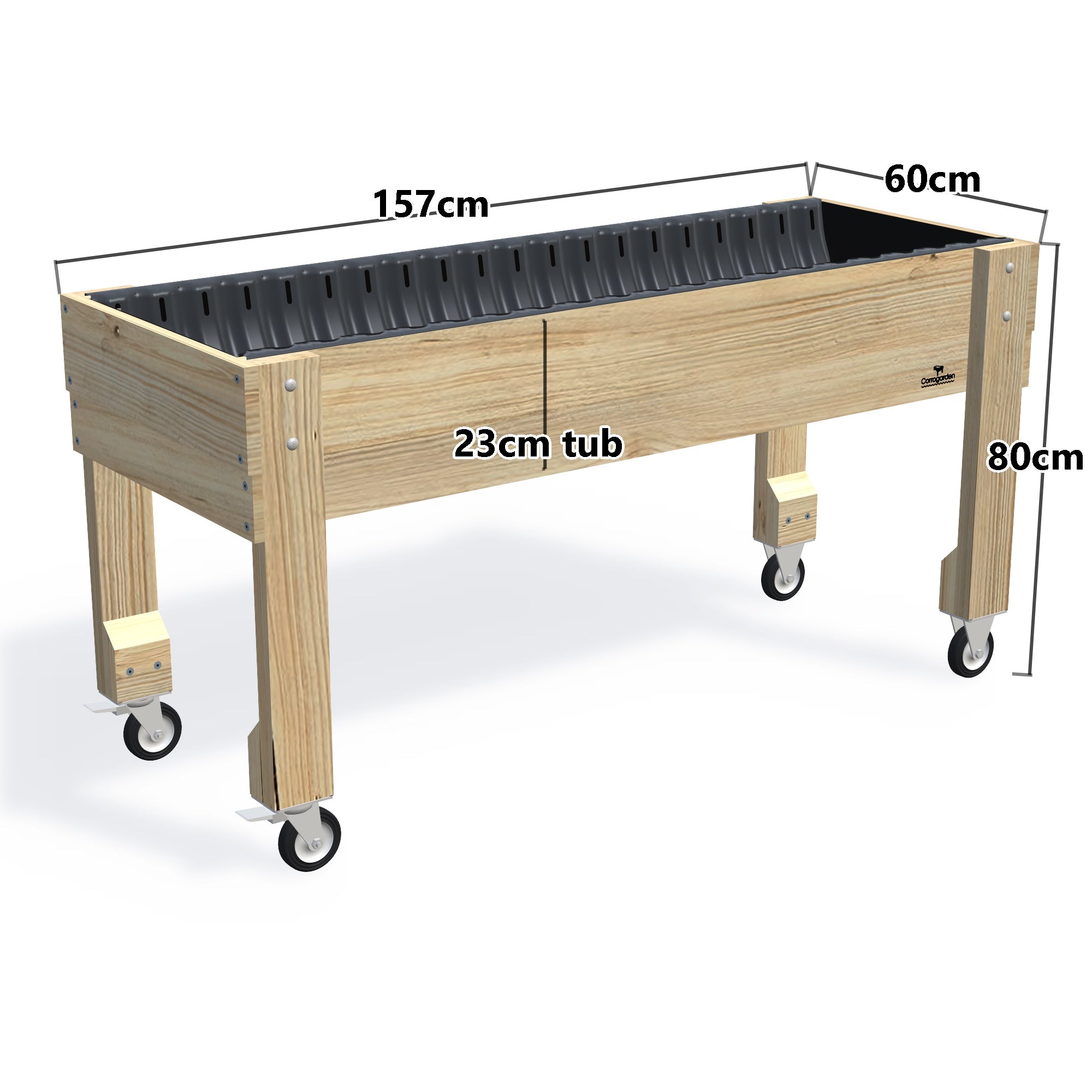 Large Raised Garden Bed with Wheels Kit - 157x60x80cm(h), 23cm — timber garden bed, dimensions labelled