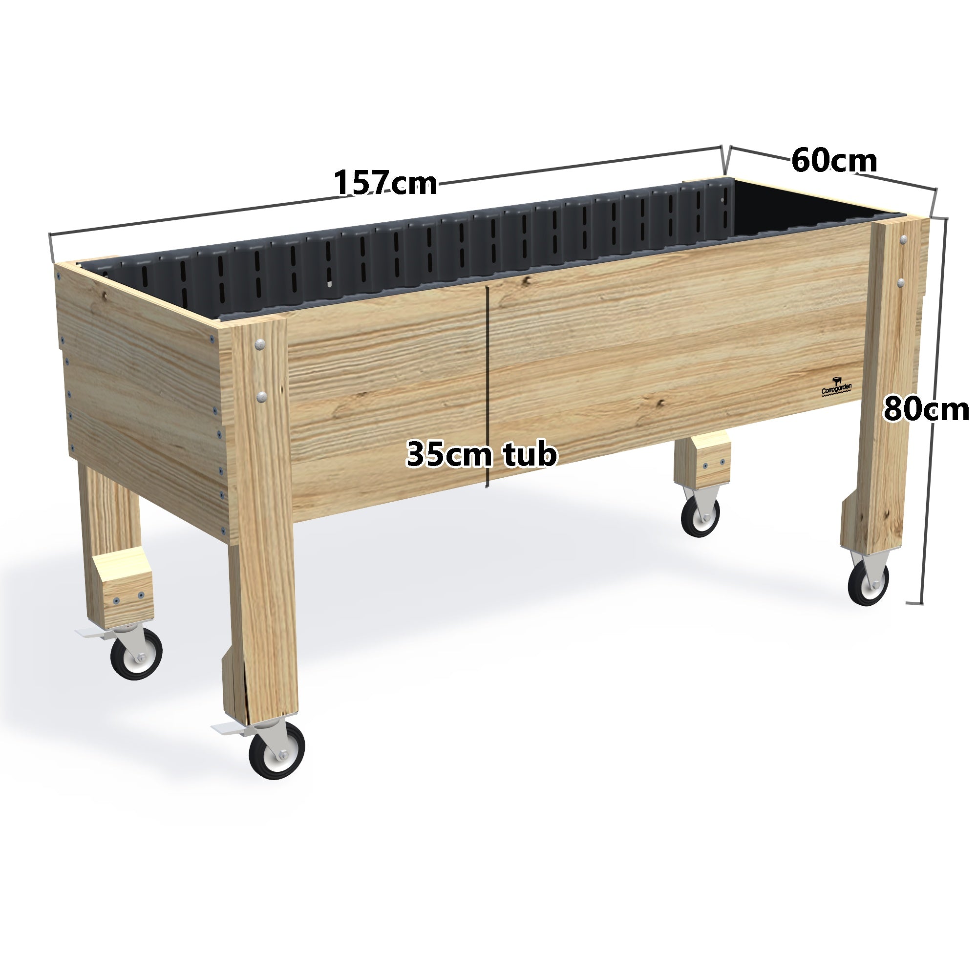 Large Raised Garden Bed with Wheels Kit - 157x60x80cm(h), 35cm — timber garden bed, dimensions labelled