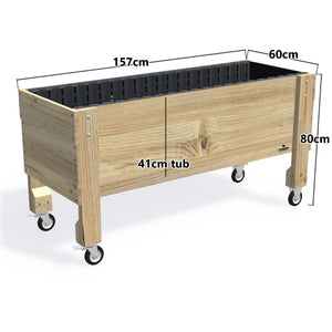 Large Raised Garden Bed with Wheels Kit - 157x60x80cm(h), 41cm — timber garden bed, dimensions labelled